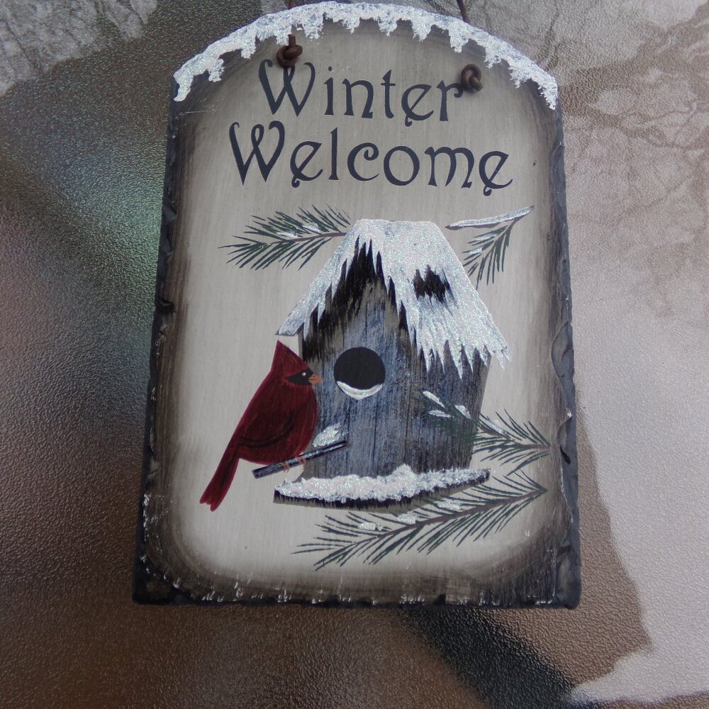 Winter Welcome Sign Plaque Cardinal Birdhouse Slate Painted Altmeyer's
